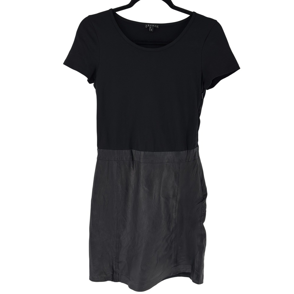 Theory Solora Lambskin Leather Combo Dress 6 Black Corporate Goth Whimsigoth